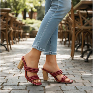 JOIE Giulianna LEATHER Braided Strappy Mule Wood Block Heel Sandals 8 M Wine Red